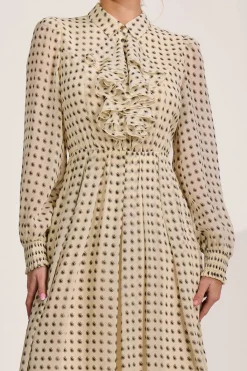 Jolie Moi Occasion Dresses|Shirt Dresses-Chiffon Print Ruffled Shirt Dress, Beige Paisley