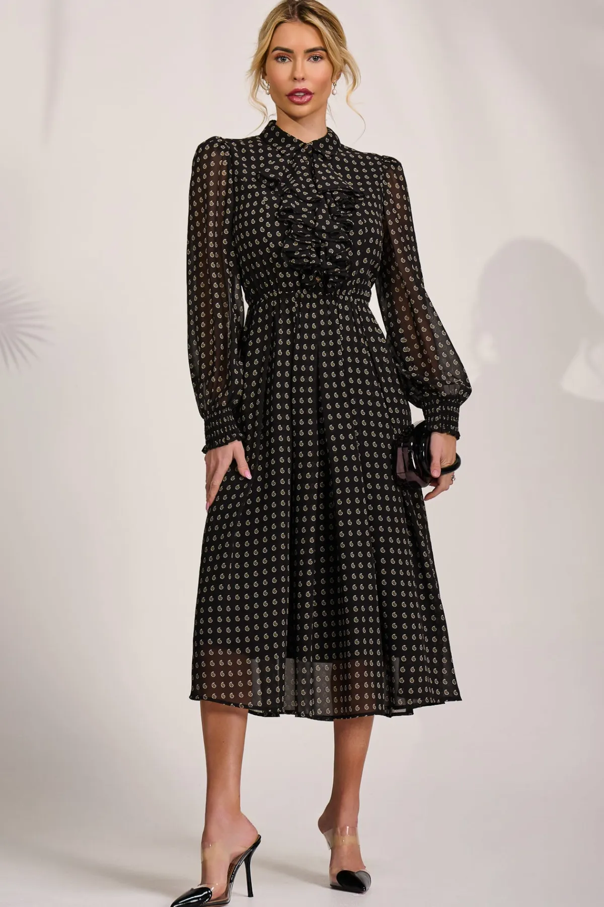 Jolie Moi Occasion Dresses|Party Dresses-Chiffon Print Ruffled Shirt Dress, Black Paisley