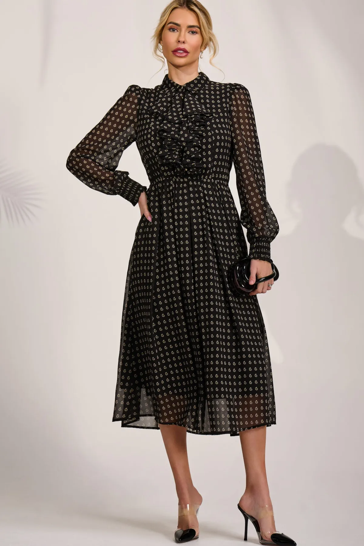 Jolie Moi Occasion Dresses|Party Dresses-Chiffon Print Ruffled Shirt Dress, Black Paisley