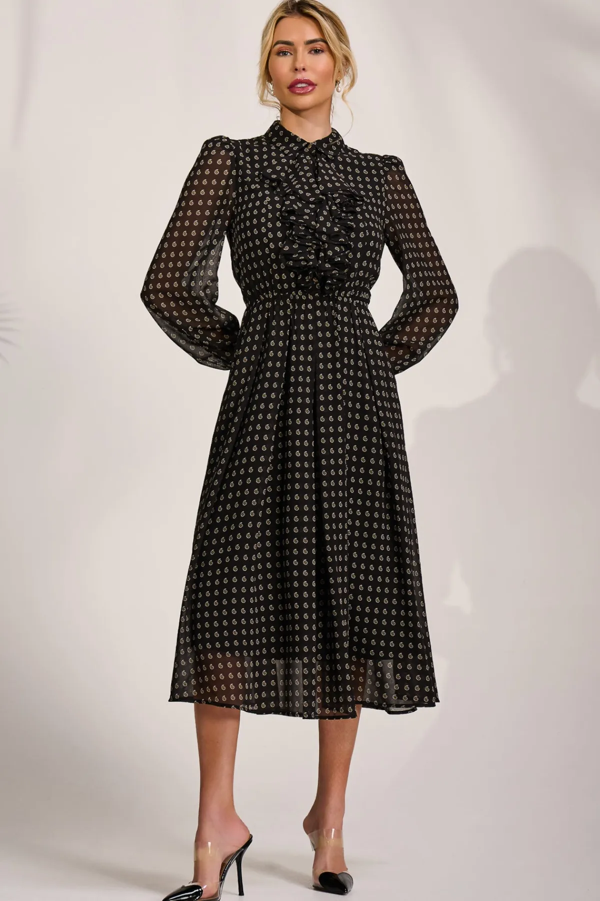 Jolie Moi Occasion Dresses|Party Dresses-Chiffon Print Ruffled Shirt Dress, Black Paisley