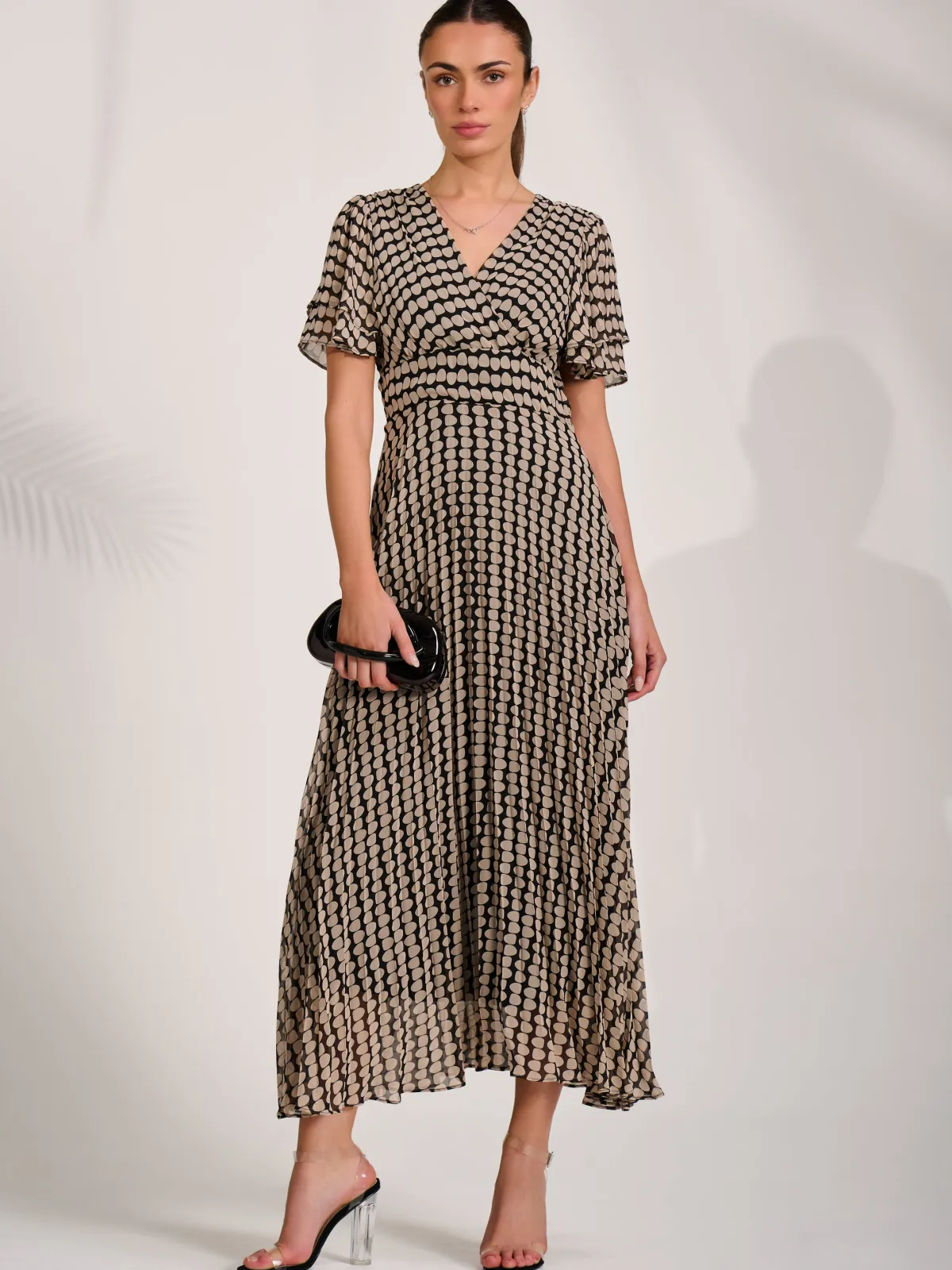 Jolie Moi Occasion Dresses|Party Dresses-Chiffon Ruffle Sleeve Pleated Maxi Dress, Black Geo