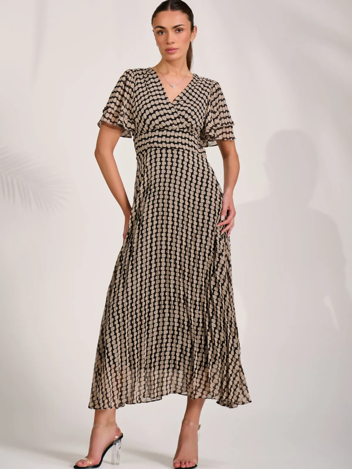 Jolie Moi Occasion Dresses|Party Dresses-Chiffon Ruffle Sleeve Pleated Maxi Dress, Black Geo