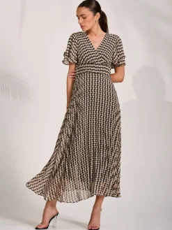 Jolie Moi Occasion Dresses|Party Dresses-Chiffon Ruffle Sleeve Pleated Maxi Dress, Black Geo