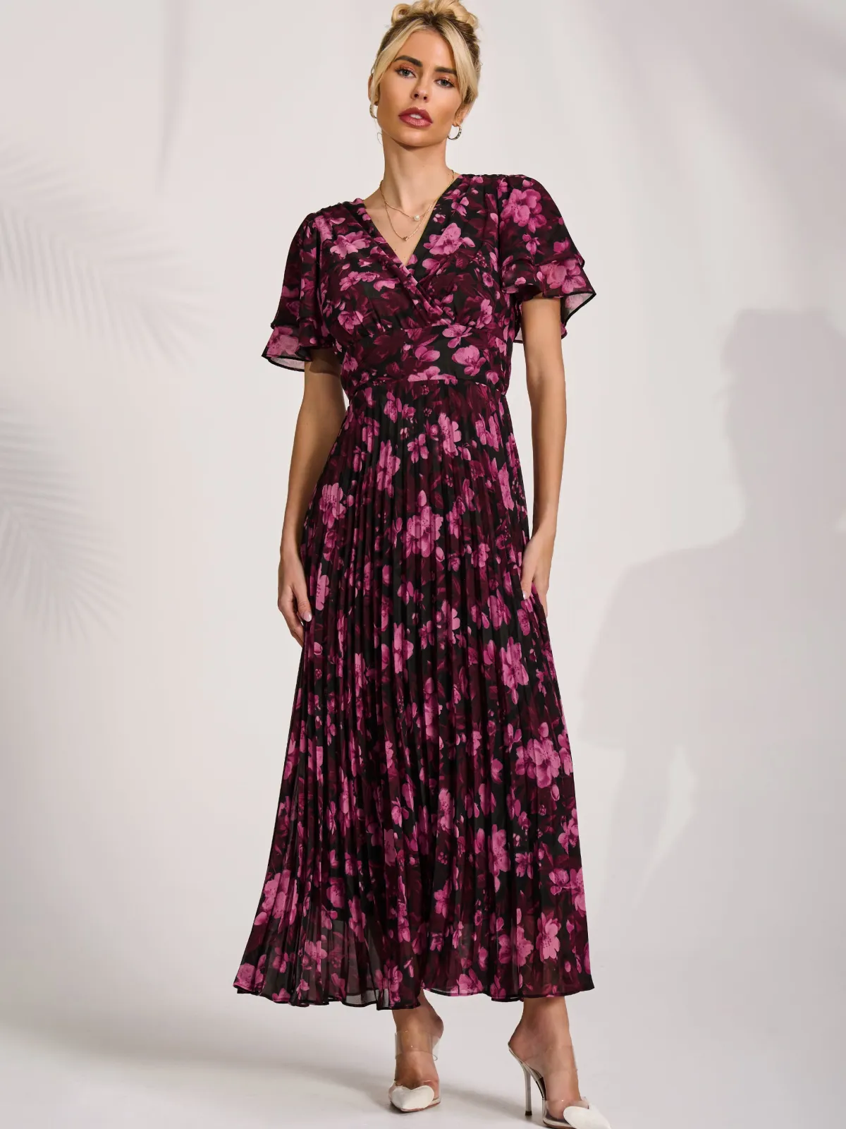 Jolie Moi Occasion Dresses|Floral Dresses-Chiffon Ruffle Sleeve Pleated Maxi Dress, Purple Floral