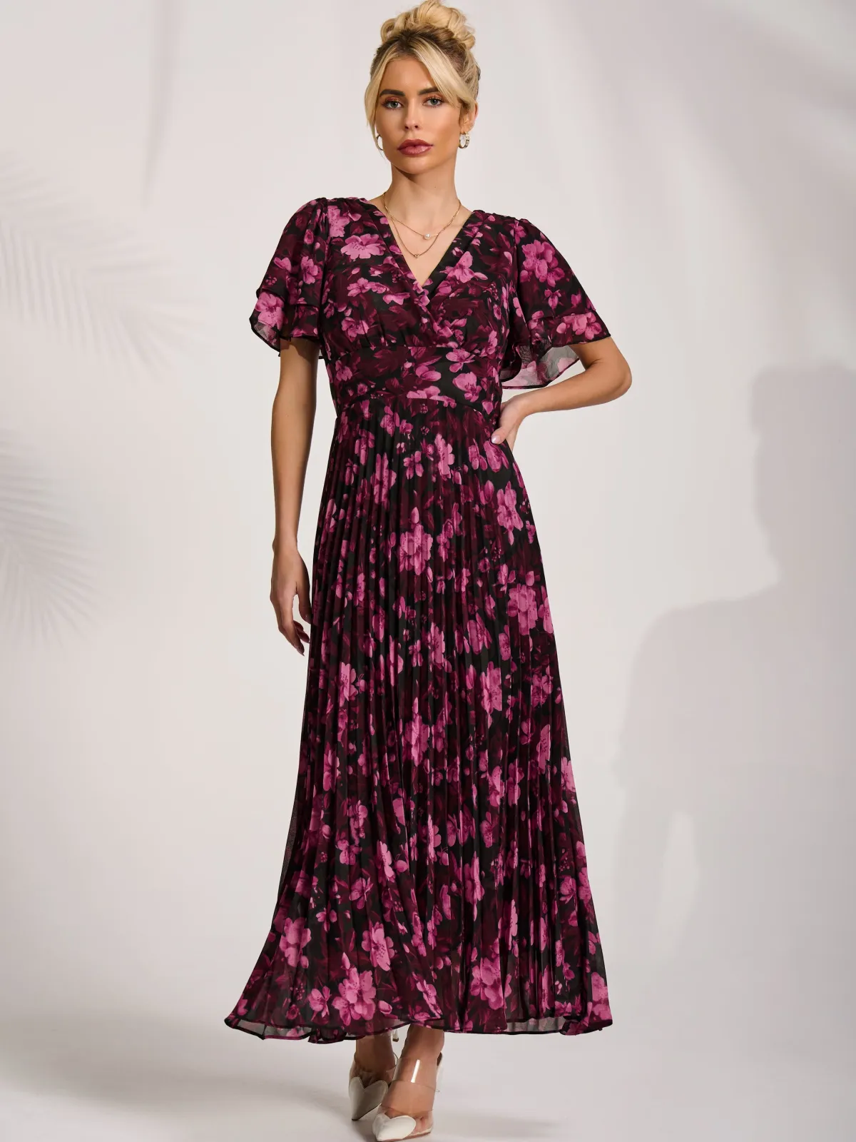 Jolie Moi Occasion Dresses|Floral Dresses-Chiffon Ruffle Sleeve Pleated Maxi Dress, Purple Floral