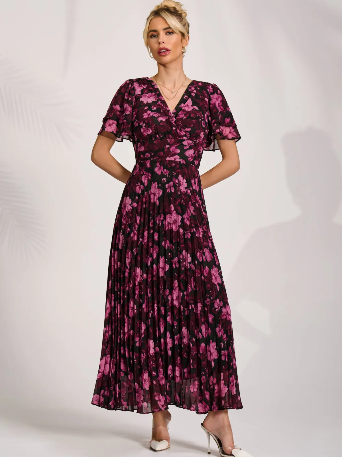 Jolie Moi Occasion Dresses|Floral Dresses-Chiffon Ruffle Sleeve Pleated Maxi Dress, Purple Floral