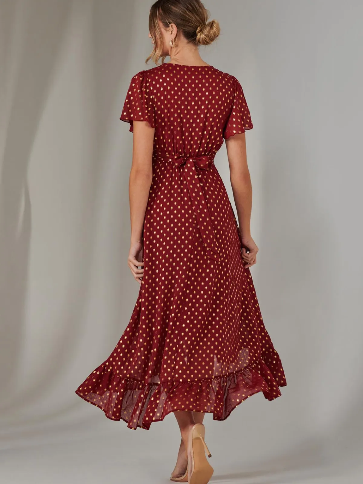 Jolie Moi Occasion Dresses|Party Dresses-Chiffon Short Sleeve Midaxi Dress, Burgundy