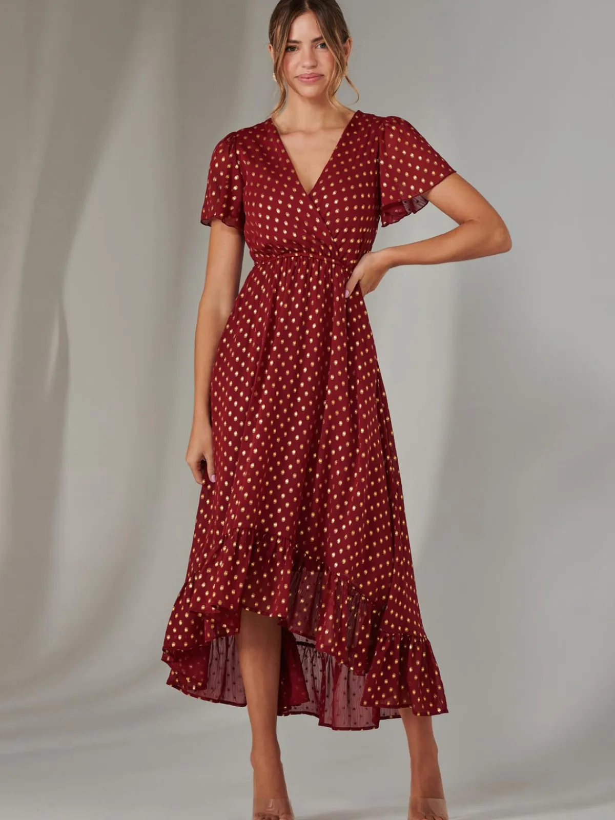 Jolie Moi Occasion Dresses|Party Dresses-Chiffon Short Sleeve Midaxi Dress, Burgundy