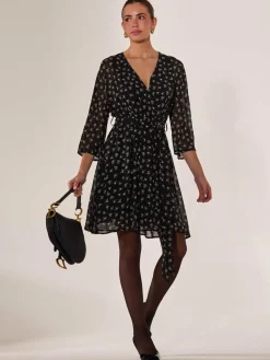 Jolie Moi Floral Dresses|Weekend Casuals-Chiffon 3/4 Sleeve Mini Dress, Black Floral