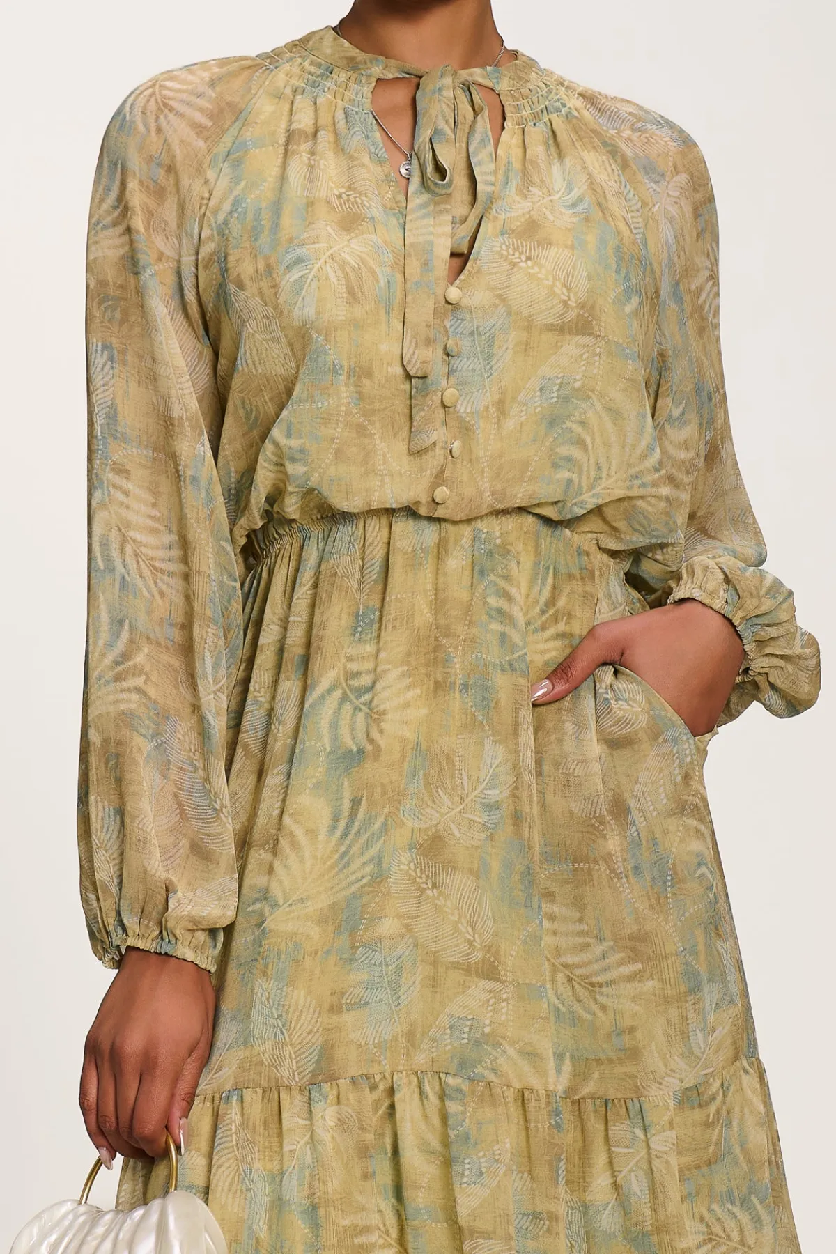 Jolie Moi Weekend Casuals|Long Sleeved Dresses-Chiffon Tie Neckline Midaxi Dress, Green Abstract