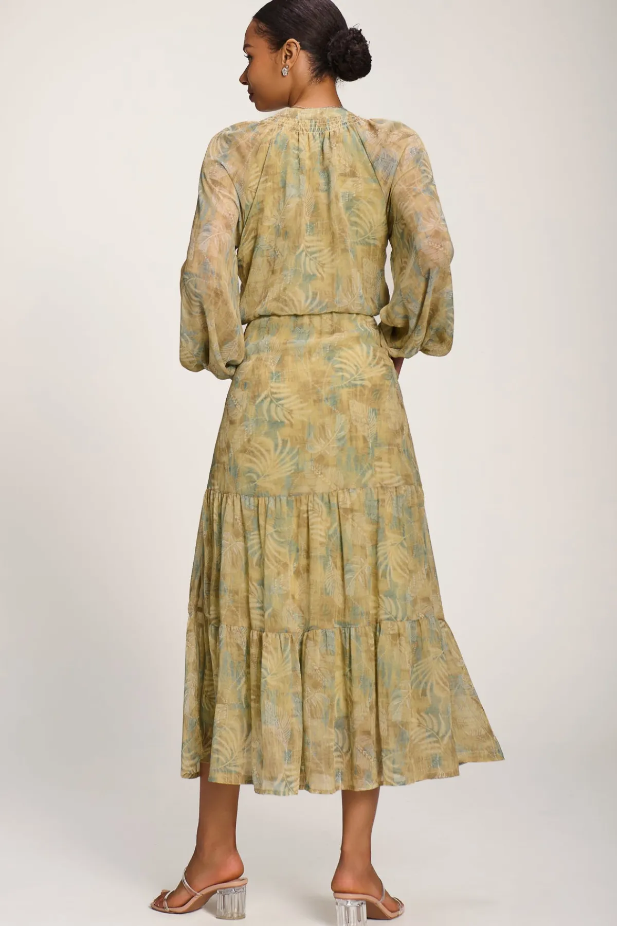 Jolie Moi Weekend Casuals|Long Sleeved Dresses-Chiffon Tie Neckline Midaxi Dress, Green Abstract