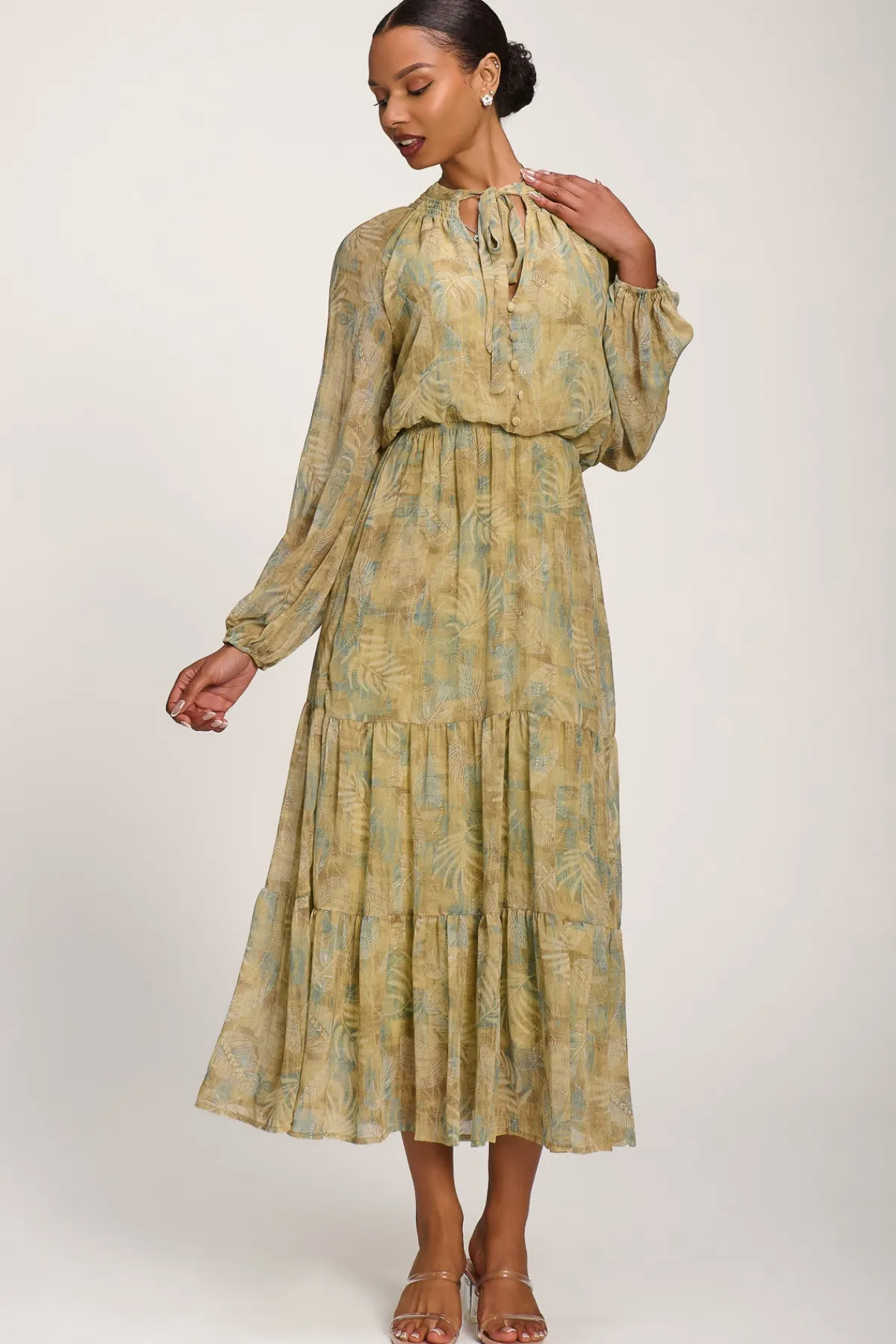 Jolie Moi Weekend Casuals|Long Sleeved Dresses-Chiffon Tie Neckline Midaxi Dress, Green Abstract