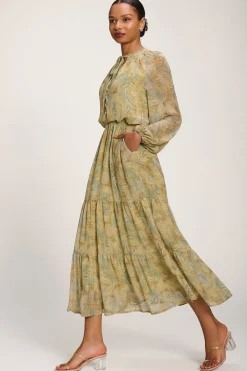 Jolie Moi Weekend Casuals|Long Sleeved Dresses-Chiffon Tie Neckline Midaxi Dress, Green Abstract