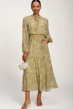 Jolie Moi Weekend Casuals|Long Sleeved Dresses-Chiffon Tie Neckline Midaxi Dress, Green Abstract