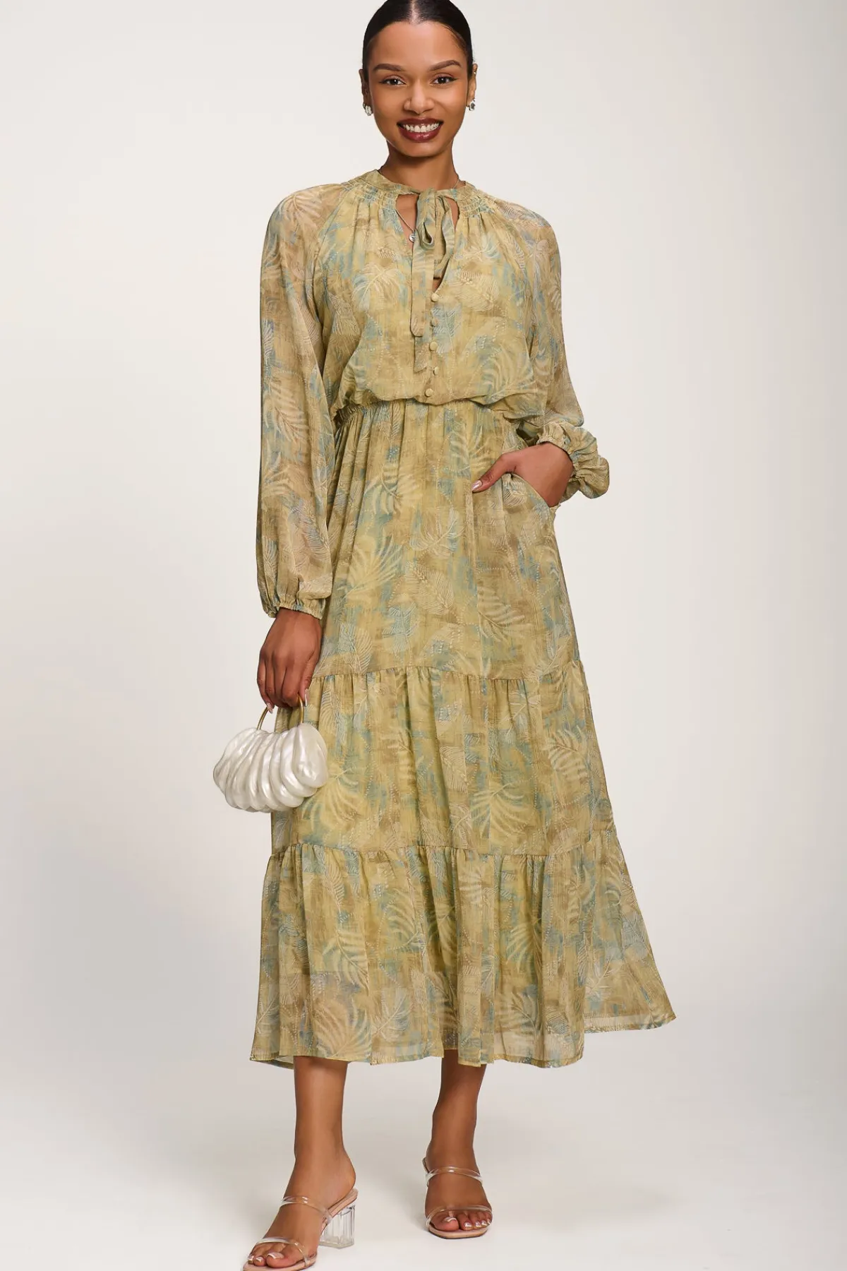 Jolie Moi Weekend Casuals|Long Sleeved Dresses-Chiffon Tie Neckline Midaxi Dress, Green Abstract