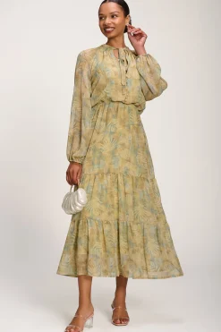 Jolie Moi Weekend Casuals|Long Sleeved Dresses-Chiffon Tie Neckline Midaxi Dress, Green Abstract
