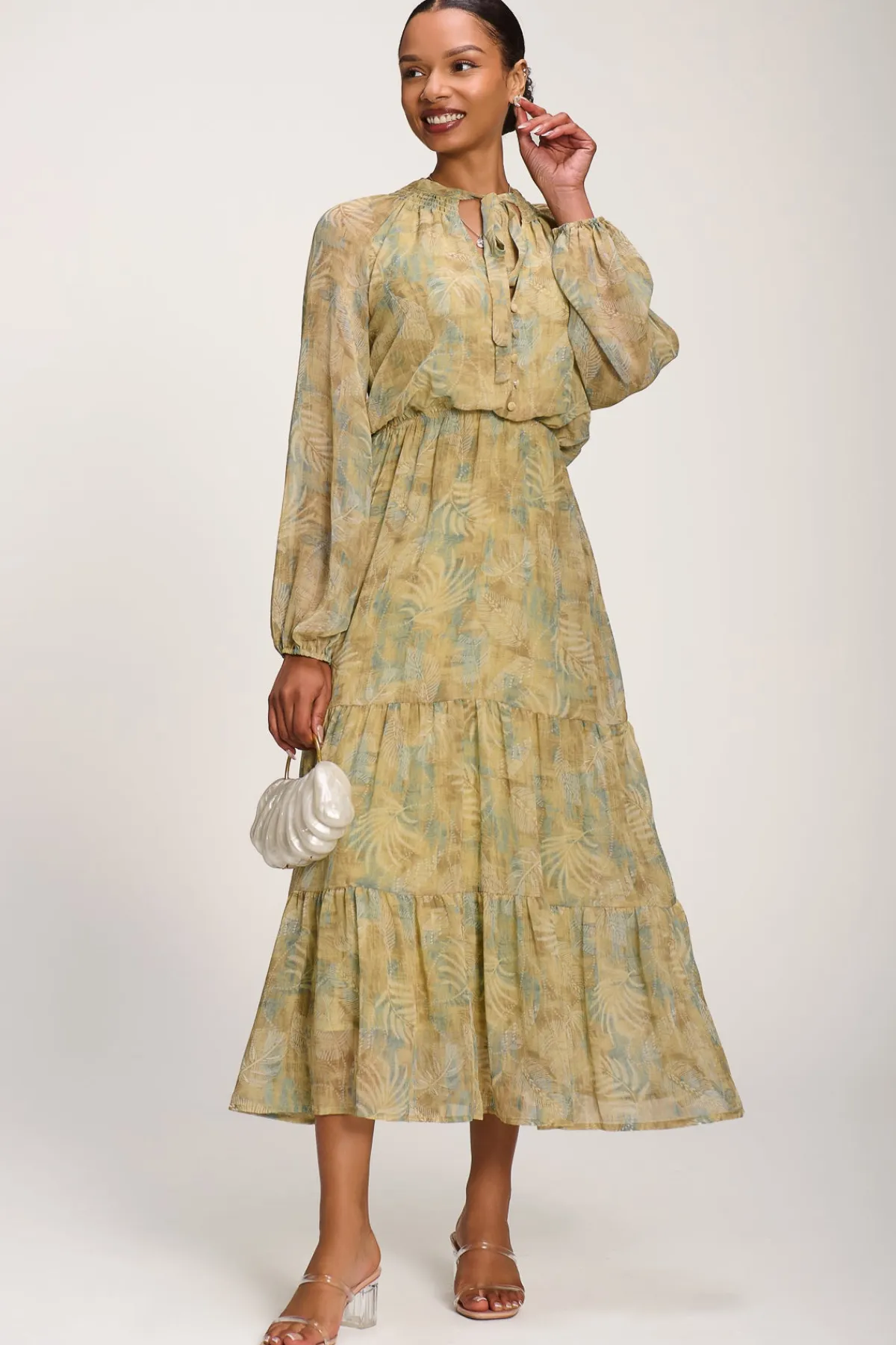 Jolie Moi Weekend Casuals|Long Sleeved Dresses-Chiffon Tie Neckline Midaxi Dress, Green Abstract