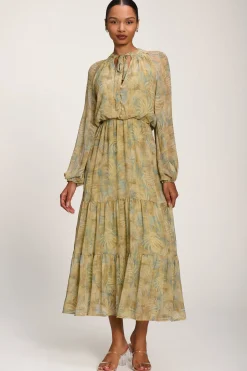 Jolie Moi Weekend Casuals|Long Sleeved Dresses-Chiffon Tie Neckline Midaxi Dress, Green Abstract