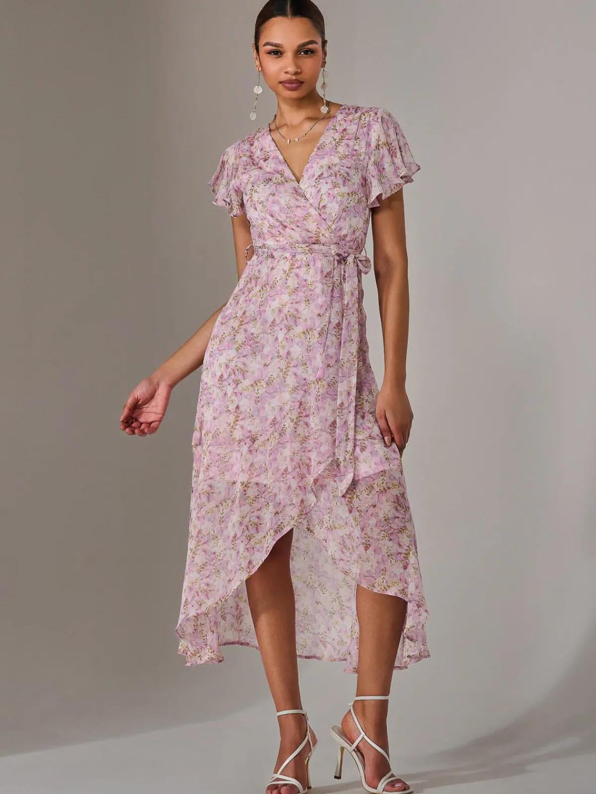 Jolie Moi Occasion Dresses|Floral Dresses-Chiffon Wrap Midi Dress, Pink Floral