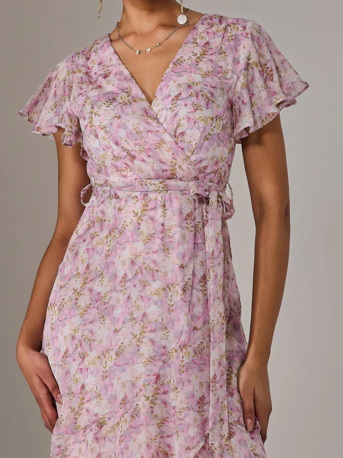 Jolie Moi Occasion Dresses|Floral Dresses-Chiffon Wrap Midi Dress, Pink Floral
