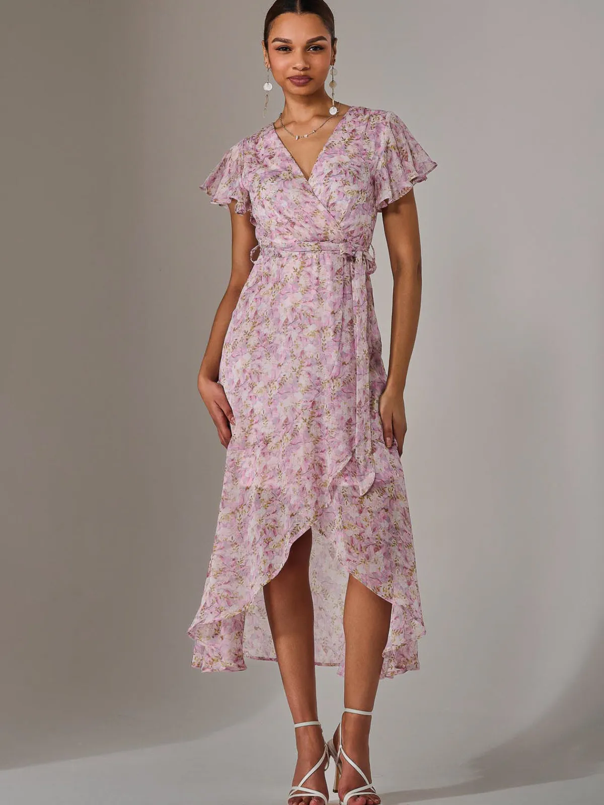 Jolie Moi Occasion Dresses|Floral Dresses-Chiffon Wrap Midi Dress, Pink Floral