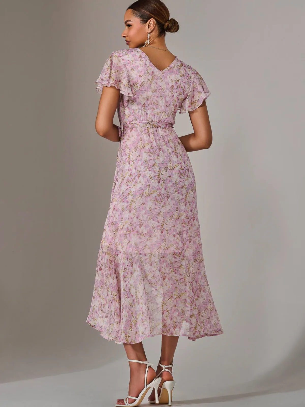 Jolie Moi Occasion Dresses|Floral Dresses-Chiffon Wrap Midi Dress, Pink Floral