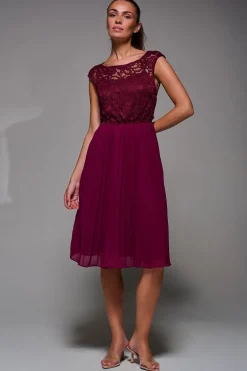 Jolie Moi Occasion Dresses|Mother Of The Bride-Cindy Lace Bodice Pleated Dress, Burgundy