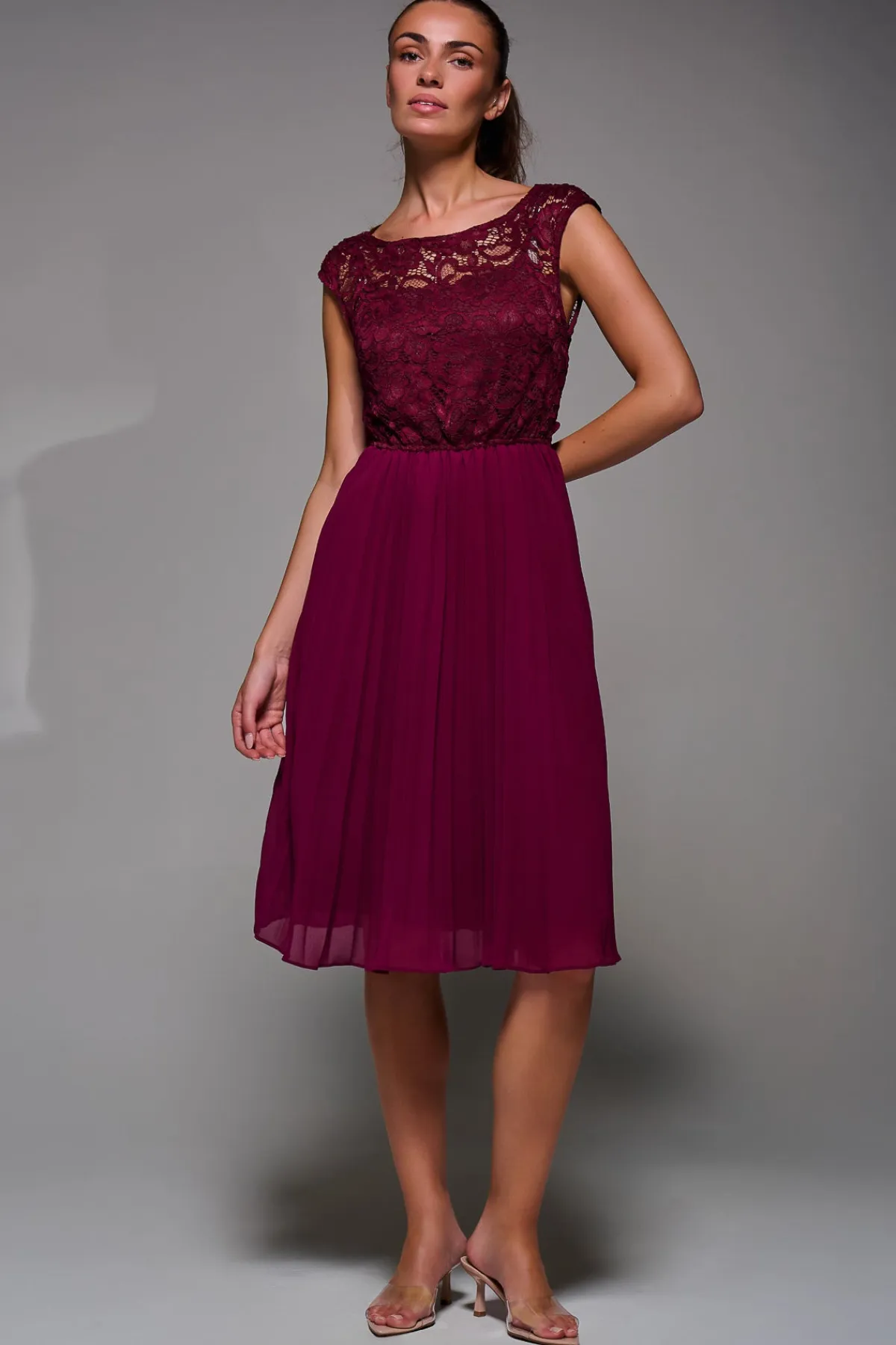 Jolie Moi Occasion Dresses|Mother Of The Bride-Cindy Lace Bodice Pleated Dress, Burgundy