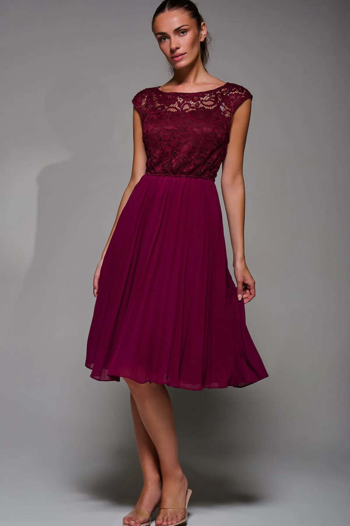 Jolie Moi Occasion Dresses|Mother Of The Bride-Cindy Lace Bodice Pleated Dress, Burgundy