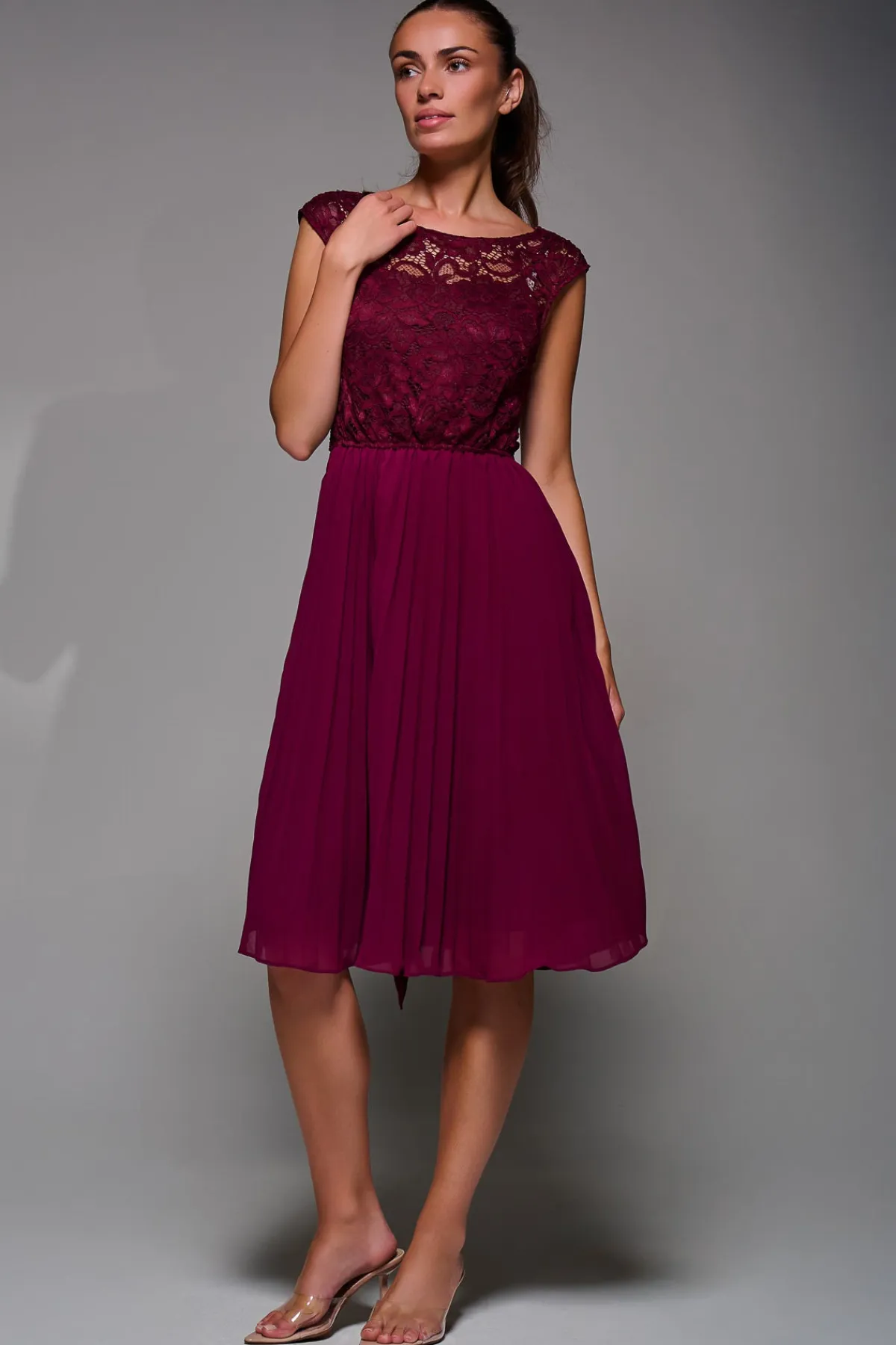 Jolie Moi Occasion Dresses|Mother Of The Bride-Cindy Lace Bodice Pleated Dress, Burgundy