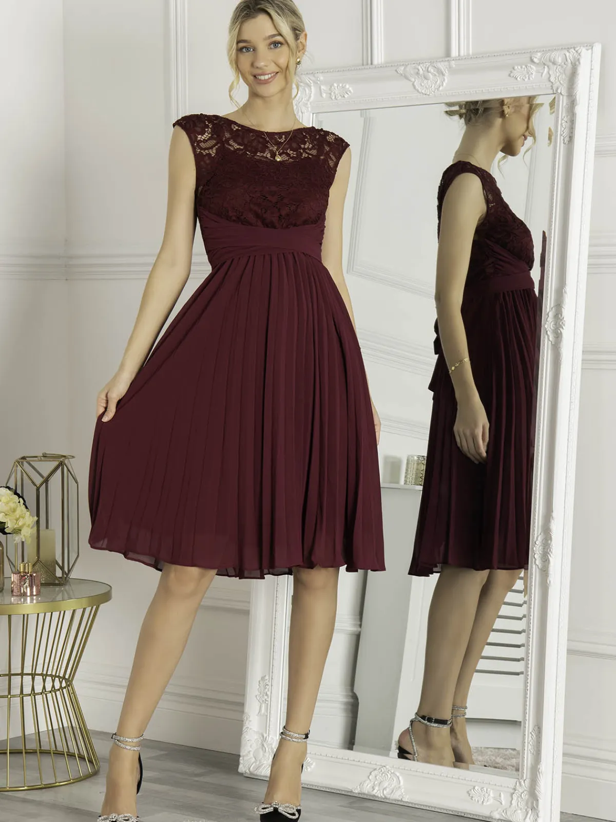 Jolie Moi Occasion Dresses|Mother Of The Bride-Cindy Lace Bodice Pleated Dress, Burgundy