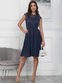 Jolie Moi Occasion Dresses|Signature Lace-Cindy Lace Bodice Pleated Dress, Navy
