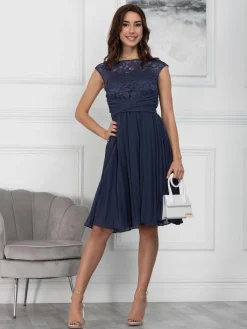 Jolie Moi Occasion Dresses|Signature Lace-Cindy Lace Bodice Pleated Dress, Navy