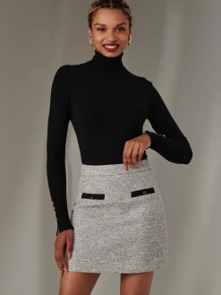 Jolie Moi Skirts-Contrast A-line Tweed Skirt, Monochrome