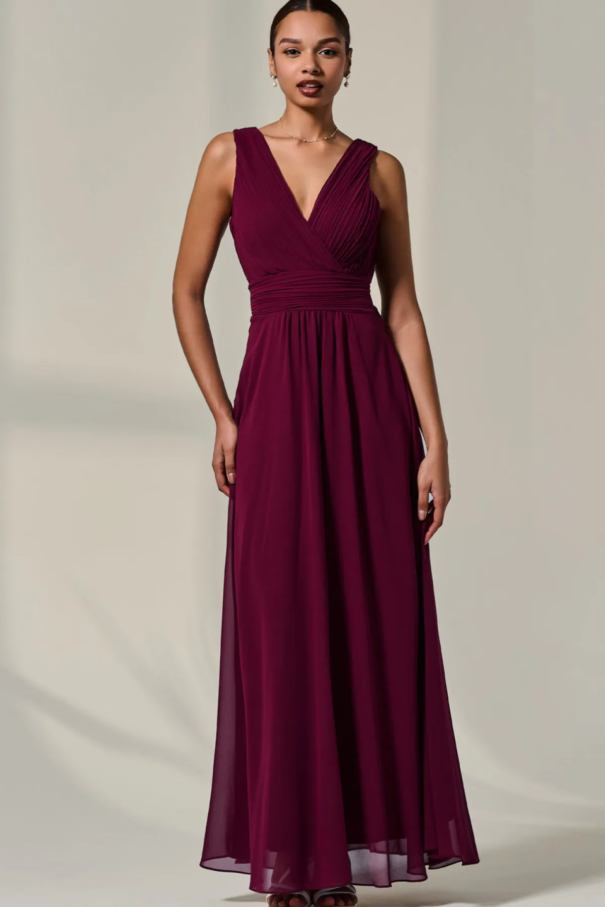 Jolie Moi Occasion Dresses|Maxi Dresses-Cora Sleeveless Chiffon Maxi Dress, Burgundy