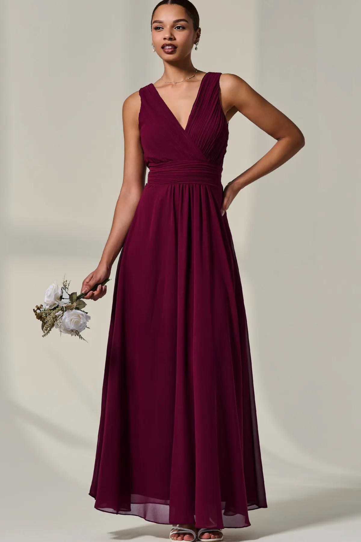 Jolie Moi Occasion Dresses|Maxi Dresses-Cora Sleeveless Chiffon Maxi Dress, Burgundy