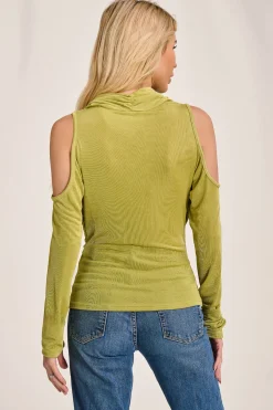 Jolie Moi Tops-Cowl Neckline Cold Shoulder Jersey Top, Olive Green
