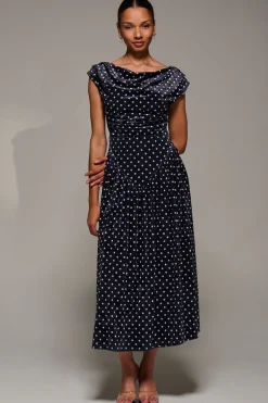 Jolie Moi Occasion Dresses|Sleeveless Dresses-Cowl Neckline Draped Velvet Midaxi Dress, Black Polka Dot