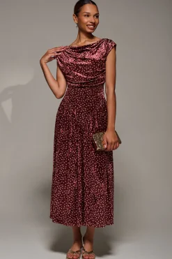 Jolie Moi Occasion Dresses|Sleeveless Dresses-Cowl Neckline Draped Velvet Midaxi Dress, Burgundy Polka Dot