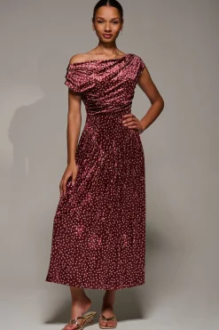 Jolie Moi Occasion Dresses|Sleeveless Dresses-Cowl Neckline Draped Velvet Midaxi Dress, Burgundy Polka Dot