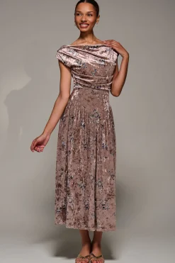 Jolie Moi Occasion Dresses|Floral Dresses-Cowl Neckline Draped Velvet Midaxi Dress, Neutral Floral