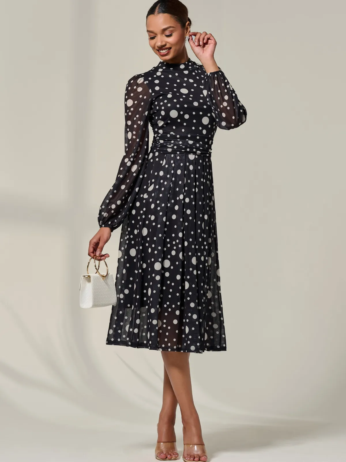 Jolie Moi Occasion Dresses|Midi Dresses-Crew Neck Pleated Long Sleeve Midi, Black Polka