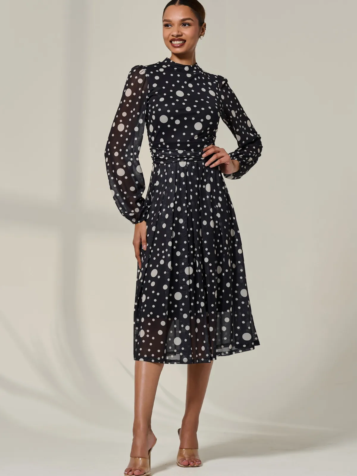 Jolie Moi Occasion Dresses|Midi Dresses-Crew Neck Pleated Long Sleeve Midi, Black Polka