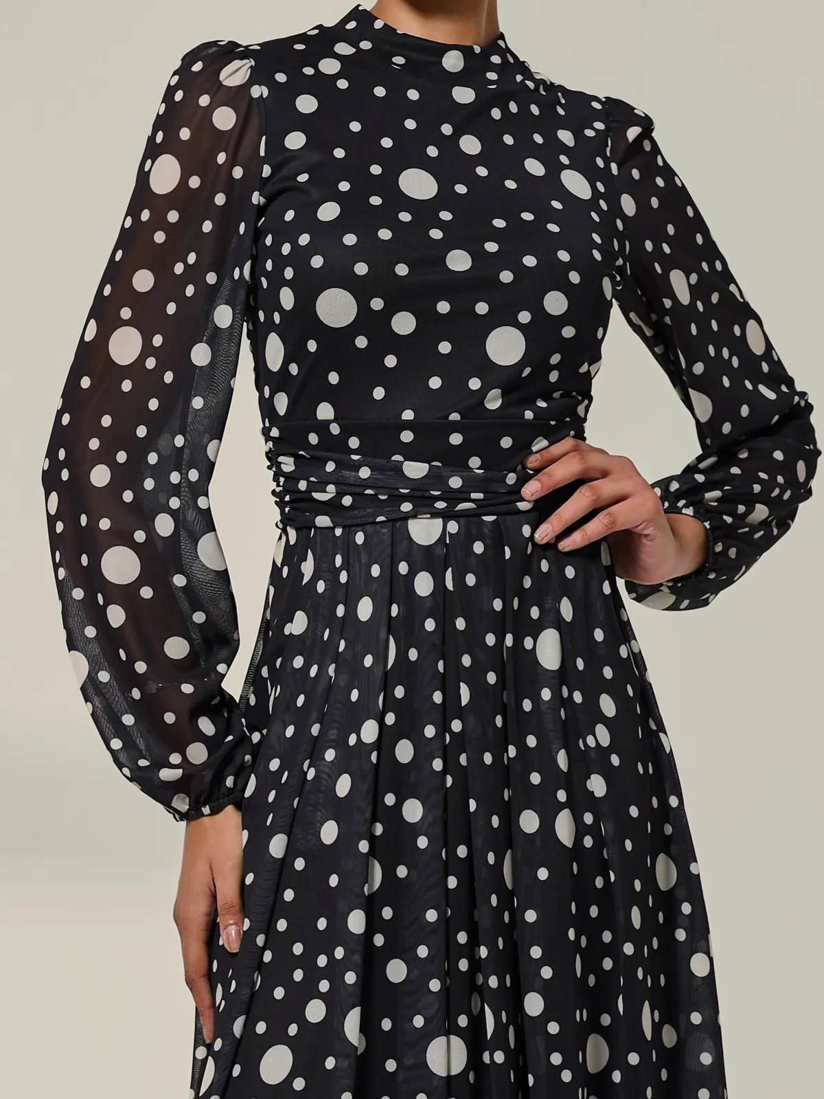 Jolie Moi Occasion Dresses|Midi Dresses-Crew Neck Pleated Long Sleeve Midi, Black Polka