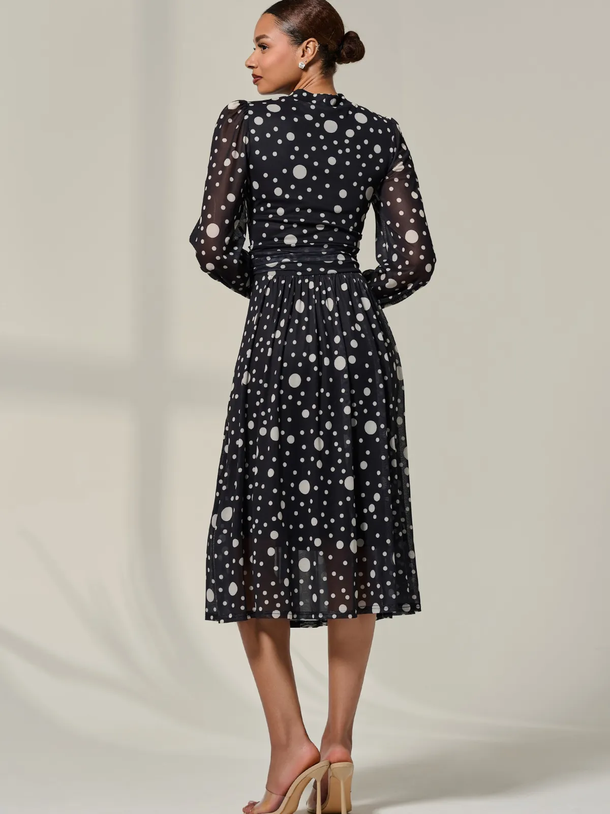 Jolie Moi Occasion Dresses|Midi Dresses-Crew Neck Pleated Long Sleeve Midi, Black Polka