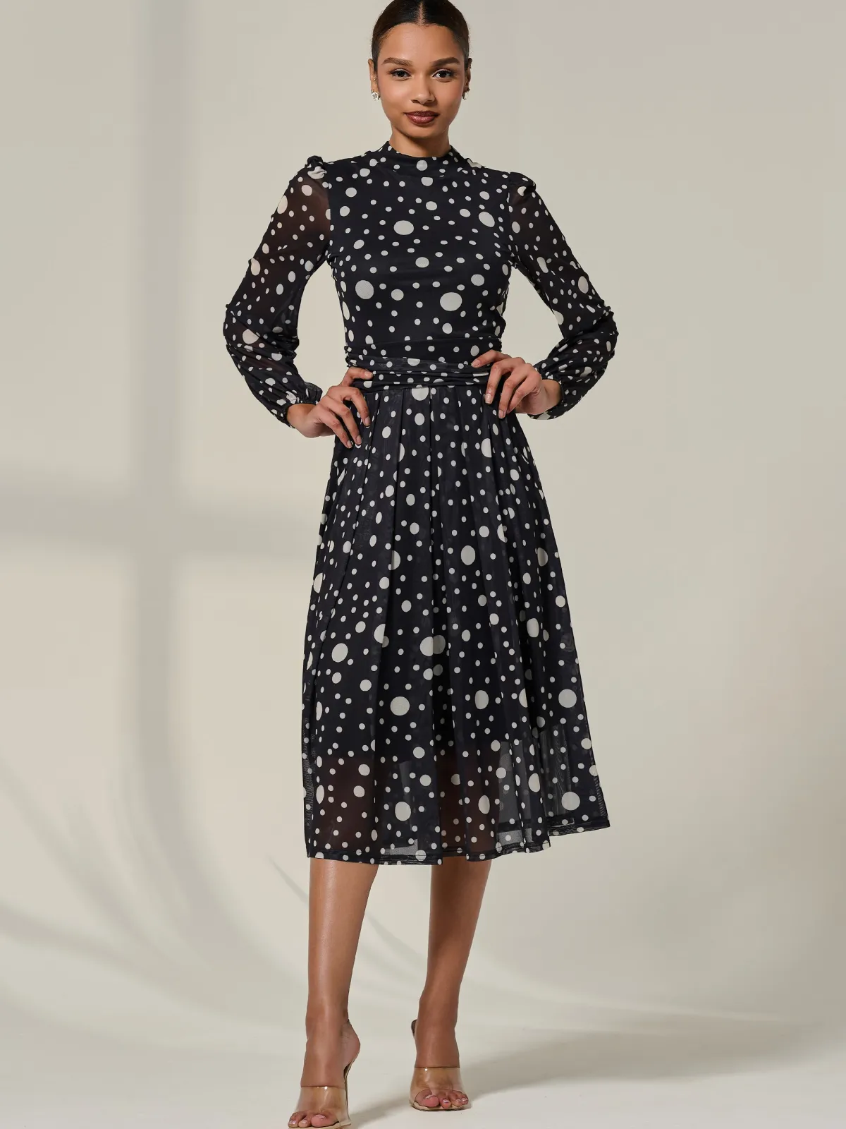 Jolie Moi Occasion Dresses|Midi Dresses-Crew Neck Pleated Long Sleeve Midi, Black Polka