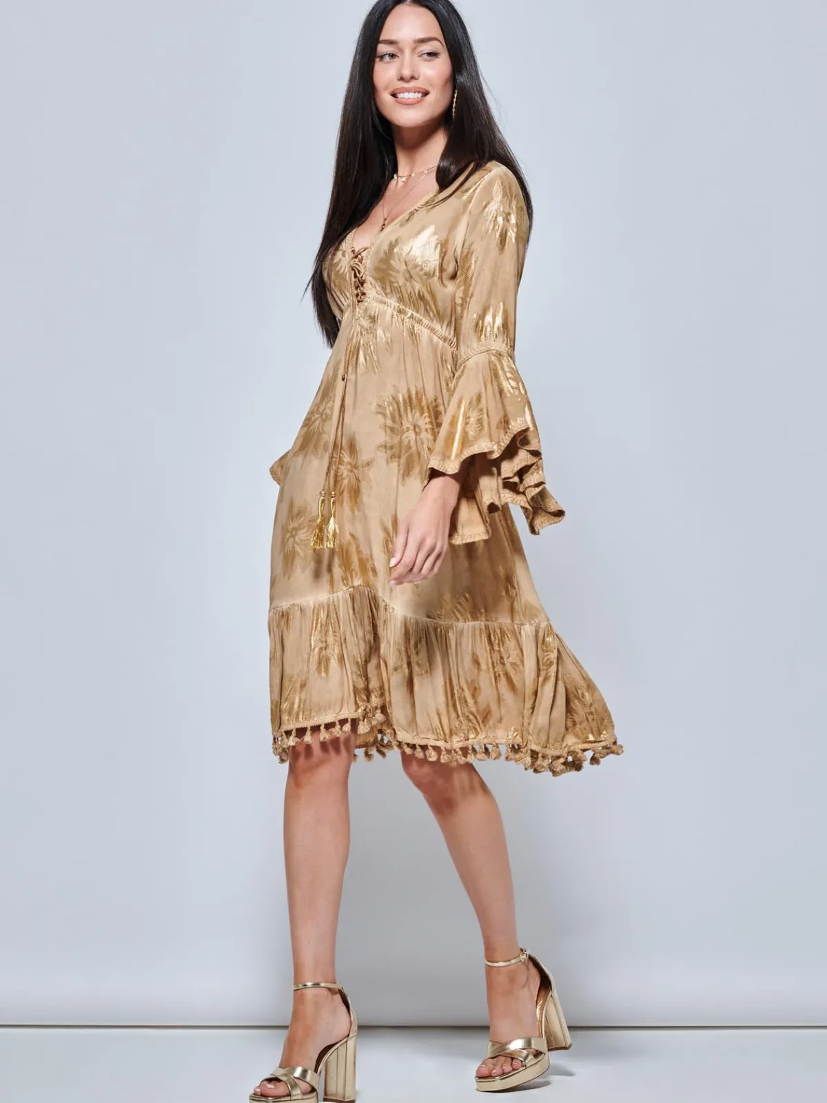 Jolie Moi Occasion Dresses|Midi Dresses-Crochet Tri idi Hoiday Dre, Khaki Pattern