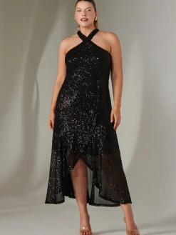 Jolie Moi Occasion Dresses|Sleeveless Dresses-Cross Neck Frill Hem Maxi Dress, Black
