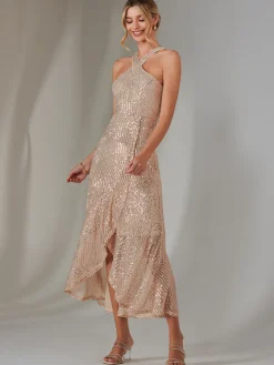 Jolie Moi Occasion Dresses|Sleeveless Dresses-Cross Neck Frill Hem Maxi Dress, Rose Gold