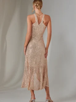 Jolie Moi Occasion Dresses|Sleeveless Dresses-Cross Neck Frill Hem Maxi Dress, Rose Gold